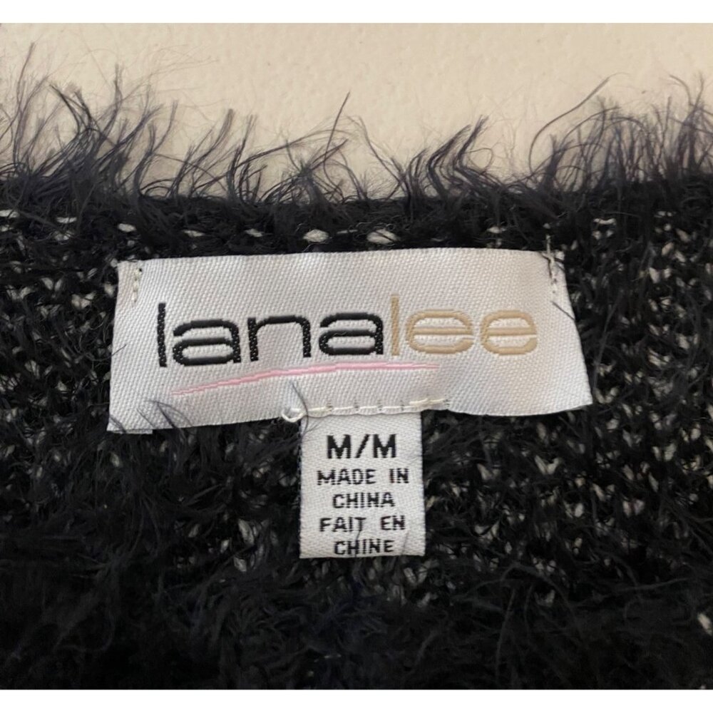 Lanalee Black & White Fuzzy Knit Floral Open Cardigan Sweater Medium - Picture 3 of 10